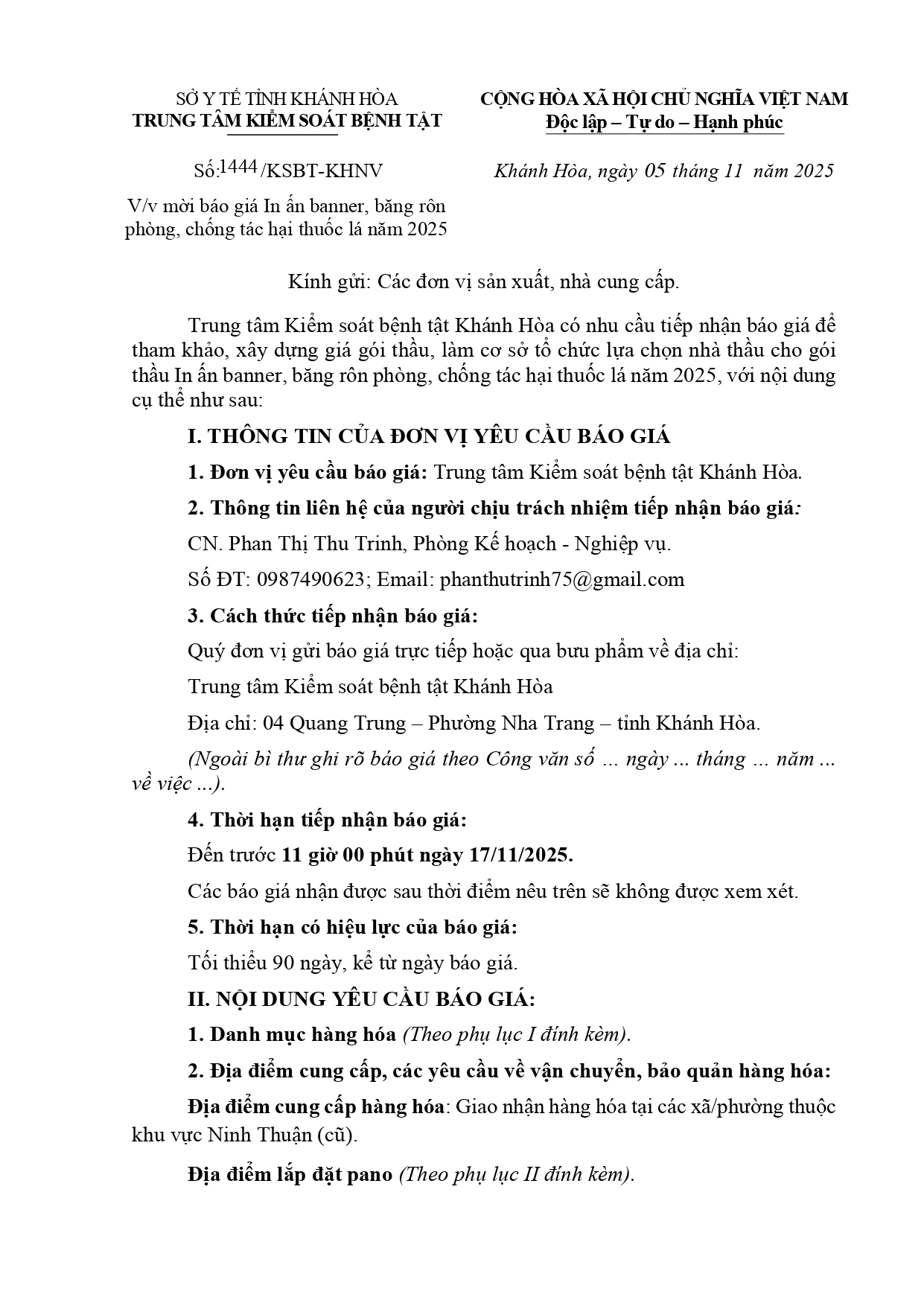 V/v mời báo giá In ấn banner, băng rôn phòng, chống tác hại thuốc lá năm 2025